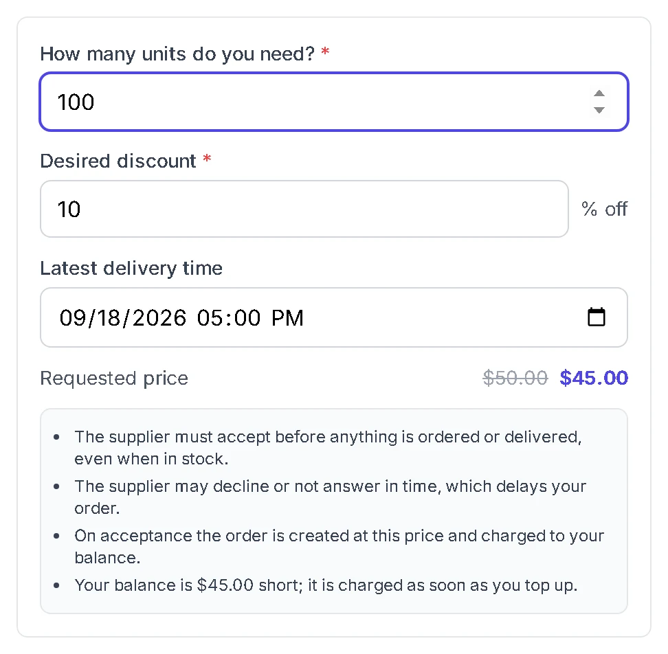 Contact Seller discount request form with quantity, desired discount, latest delivery time and requested price