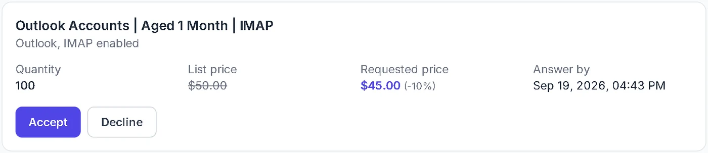 Seller view of a discount request with Accept and Decline buttons