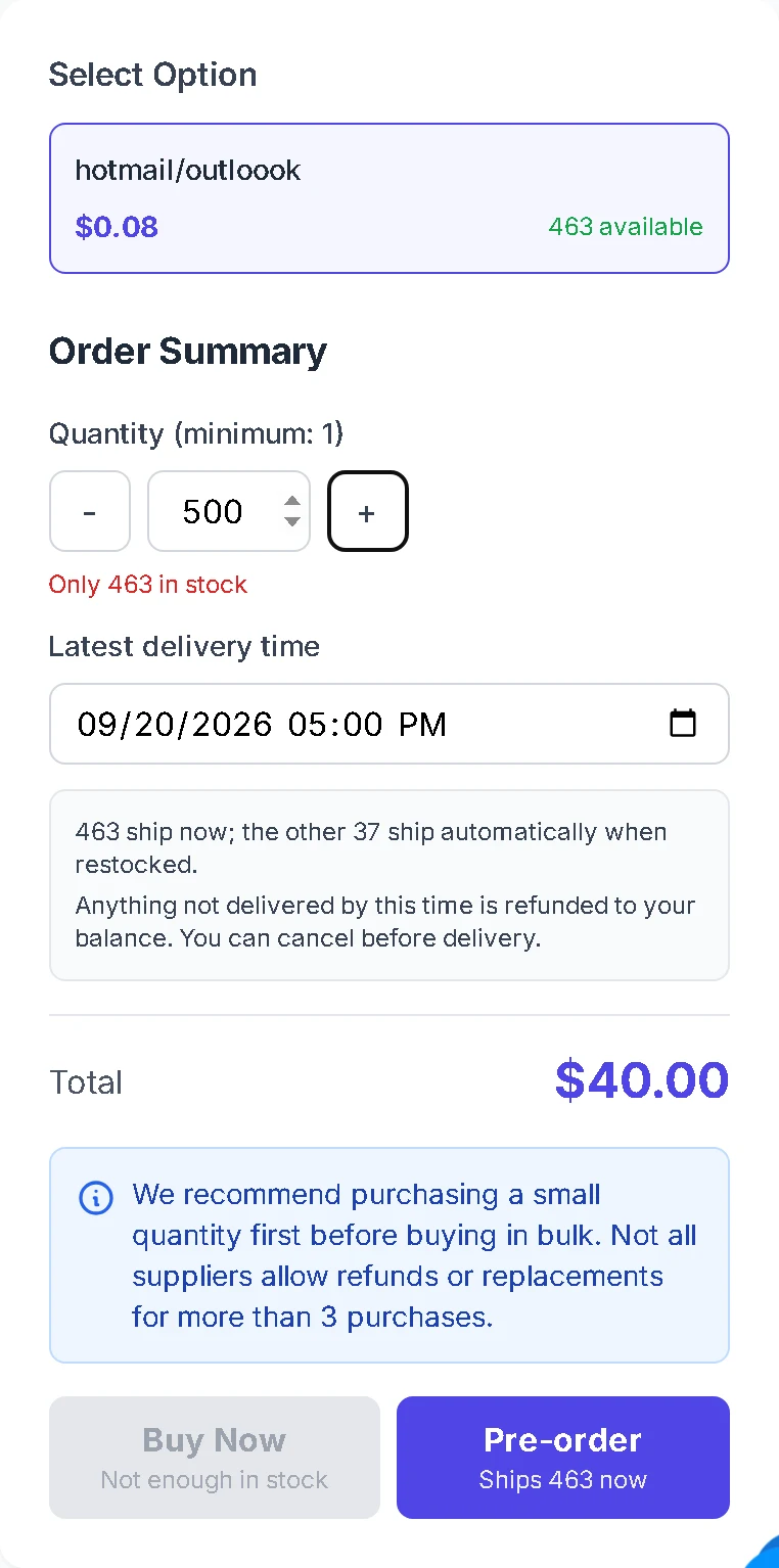 Quantity above stock with the latest delivery time picker and the Pre-order button