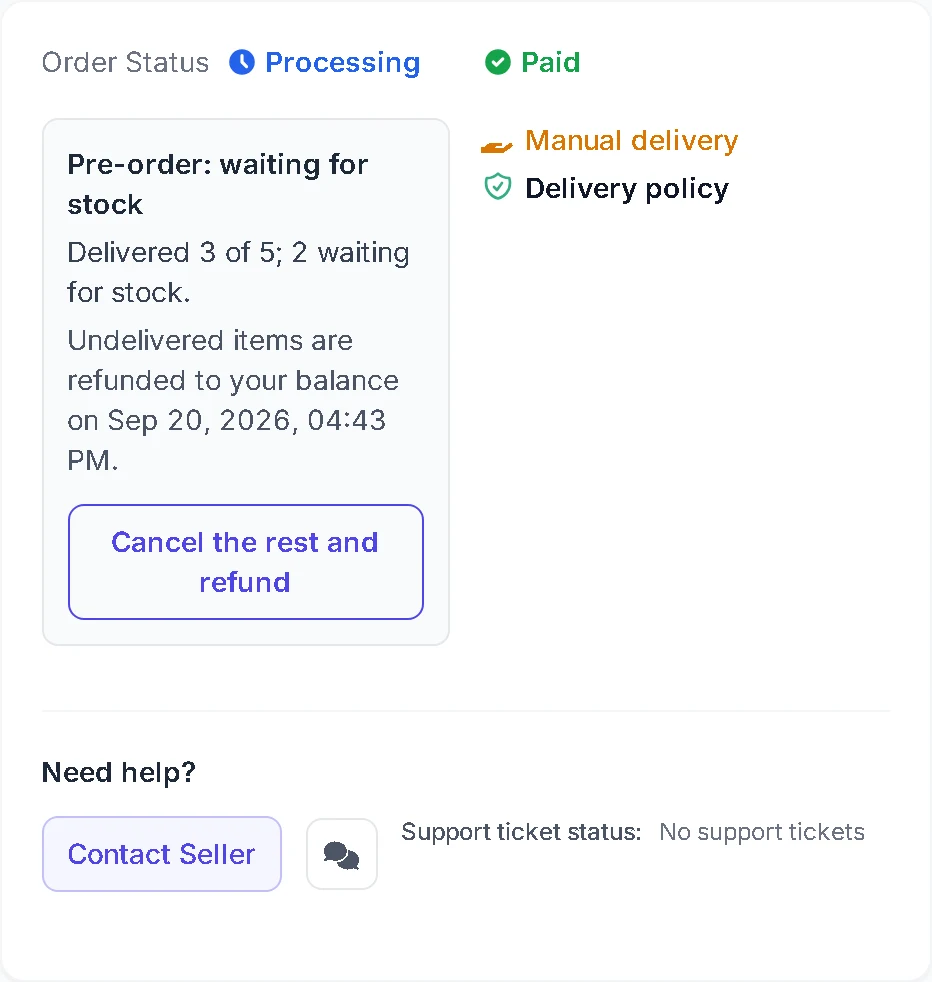 Order detail showing a pre-order waiting for stock with a cancel button