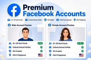 Facebook accounts with 30–100 real friends, Outlook/Hotmail email verified and included, Male & Female options, 2FA enabled, profile photo uploaded, and USA IP registered.