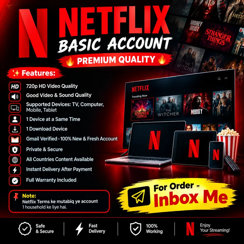 Netflix Basic - Gmail認証済みアカウント ✓ 720p HD画質 ✓ 1画面 | 全デバイス対応 ✓ 新規・未使用アカウント | 即時納品 ✓ 完全保証